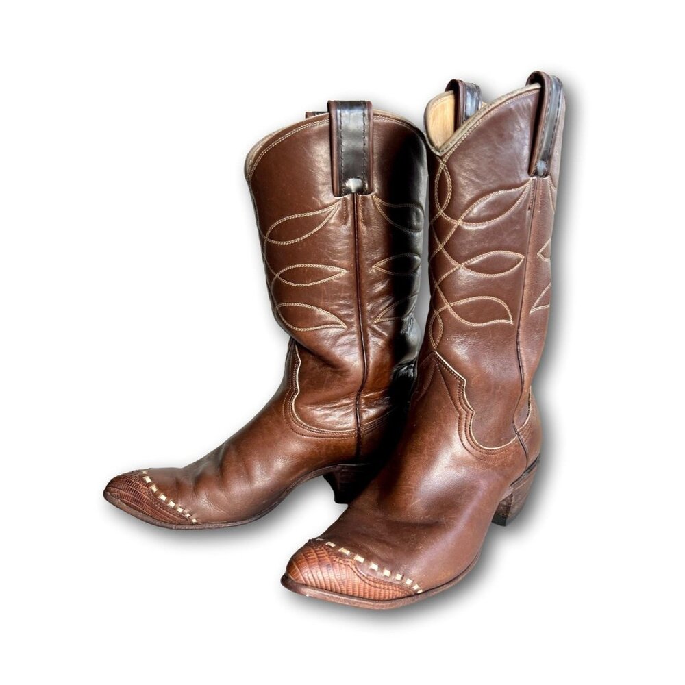 WOMENS VINTAGE NOCONA BROWN LEATHER LIZARD WINGTIP COWBOY WESTERN BOOTS SIZE 6B